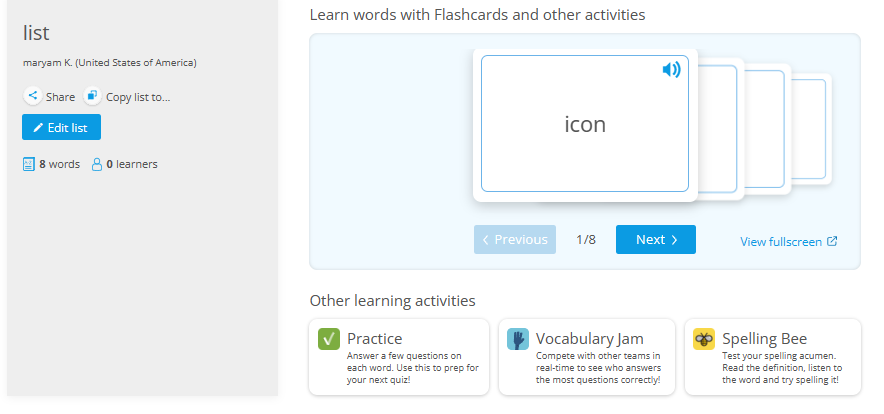 Vocabulary Lists Flashcards and Other Activities