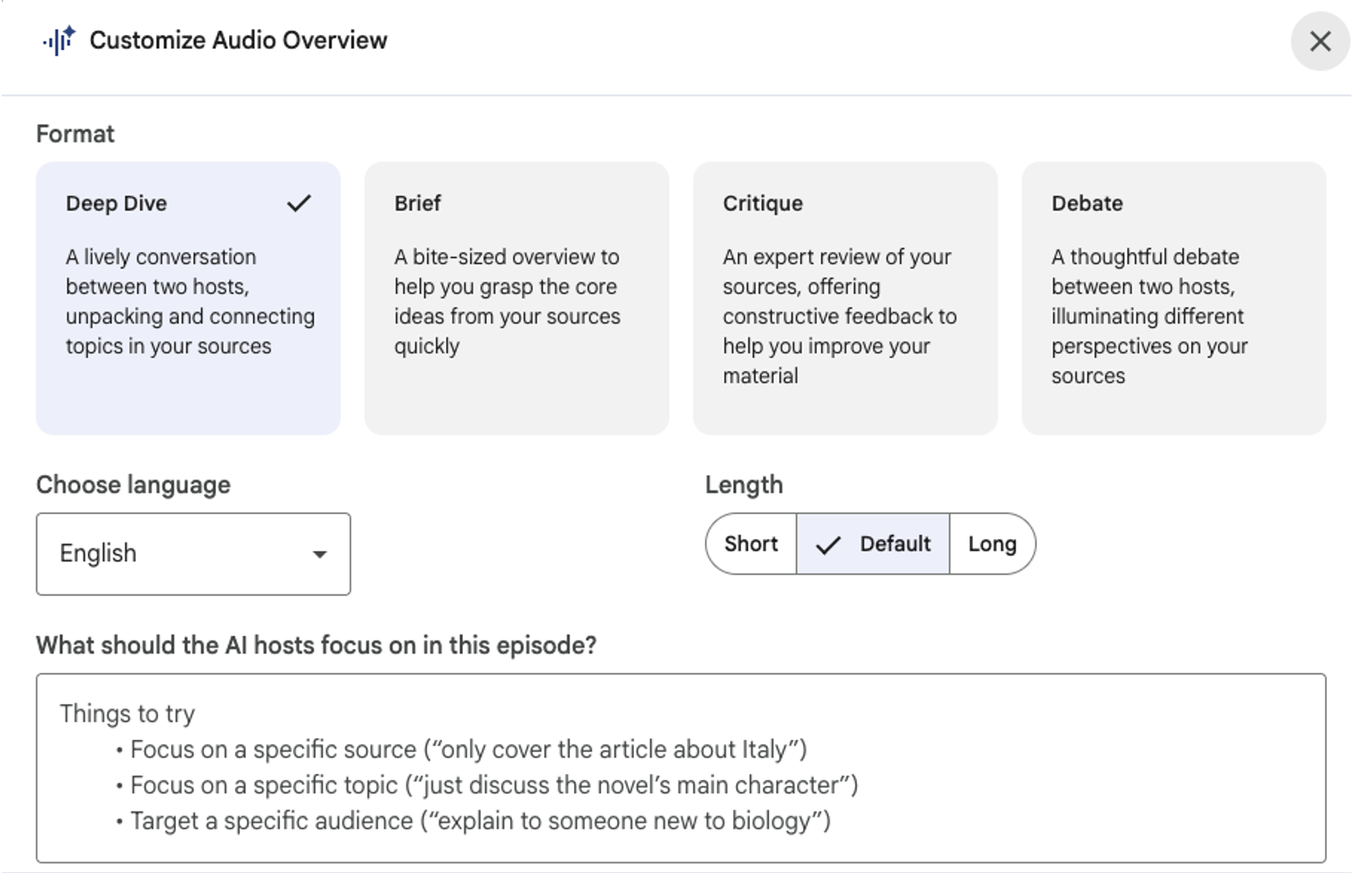 Audio overview formats illustrating different listening modes