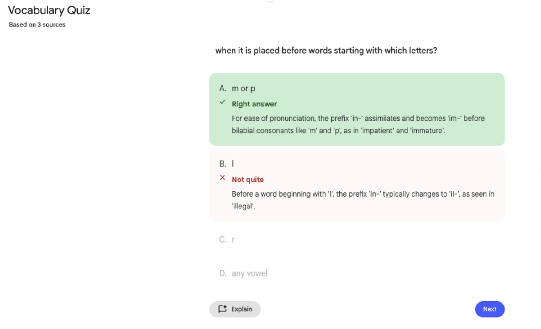Automatically generated quiz with immediate feedback