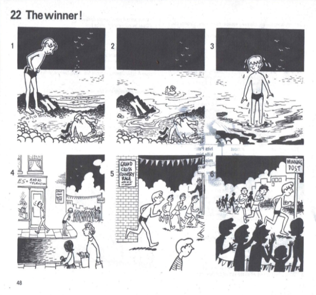 Narrative task cartoon: The Winner!