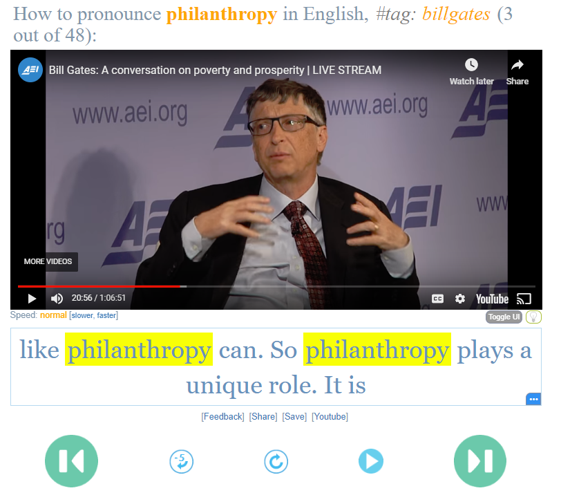 YouGlish search of the word 'philanthropy' in a 'Bill Gates' context.