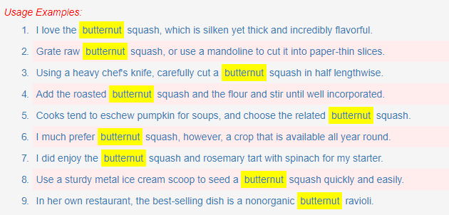 Usage Examples of the search term under the ‘My words’ tab.