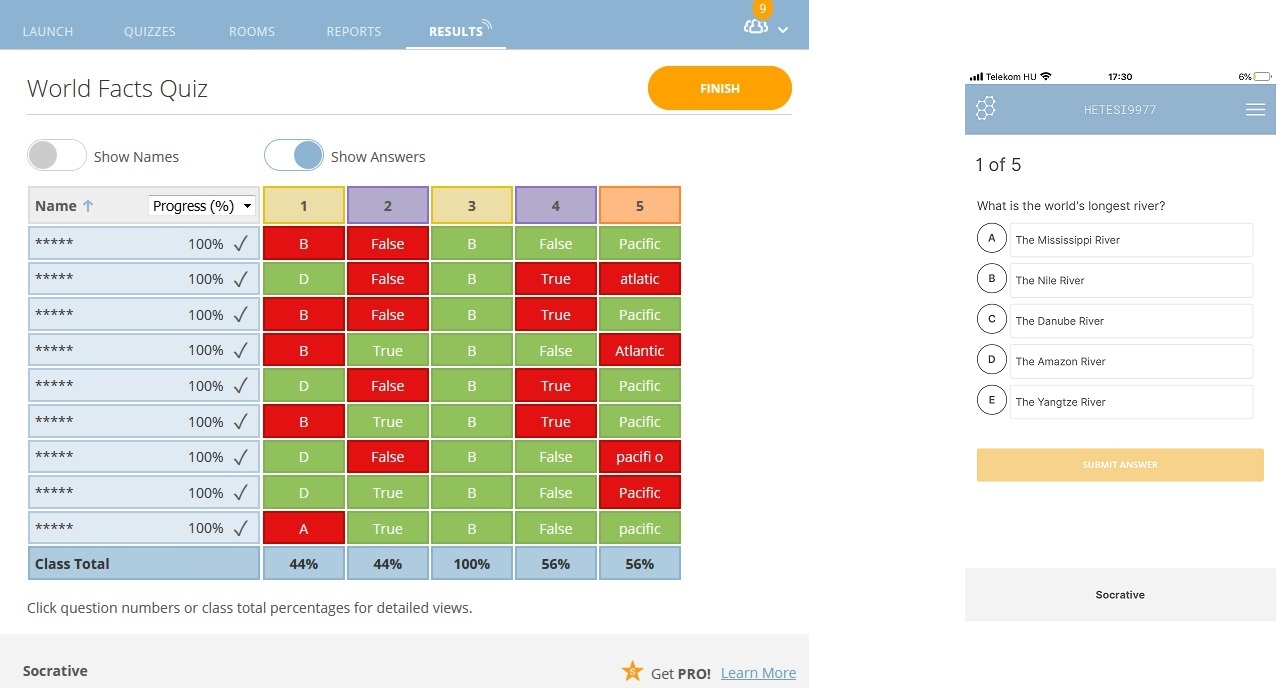 Screenshot of a Socrative. Students’ progression chart on the teacher’s screen on the left. Student’s device screen on the right.