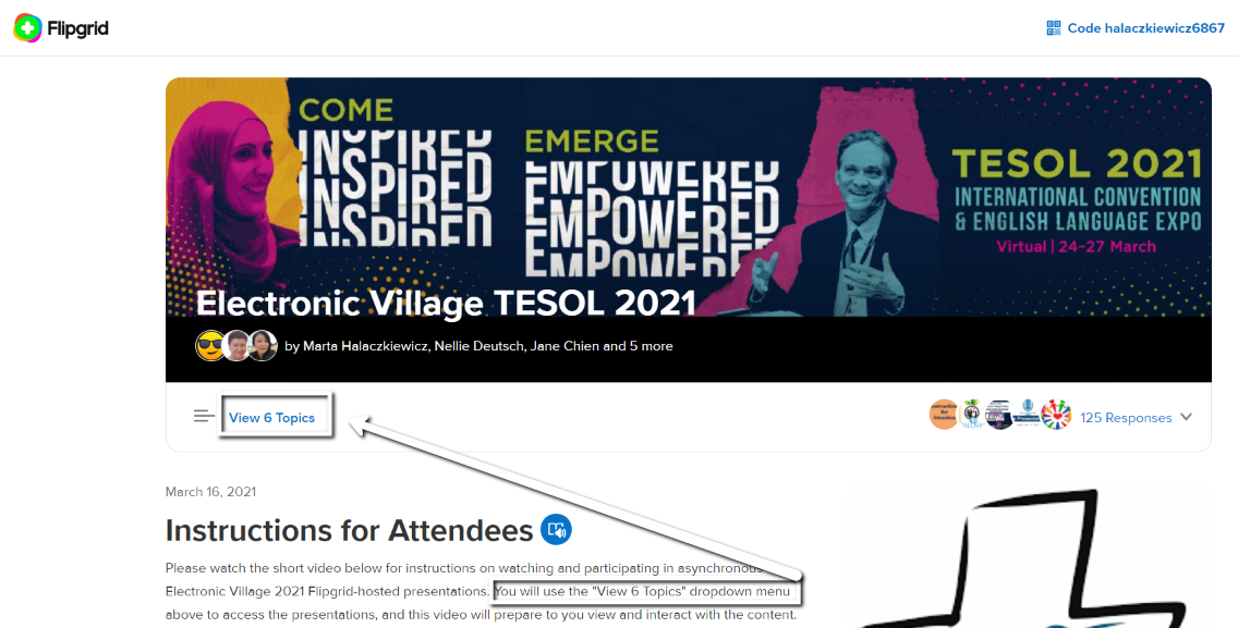 The EV TESOL 2021 Flipgrid landing page, highlighting the key to viewing the videos themselves