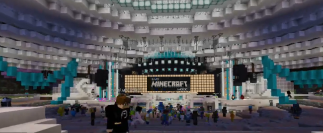 Fanciful mock-up of an EVO Minecraft MOOC 2022 one-day virtual world conference in Minecraft